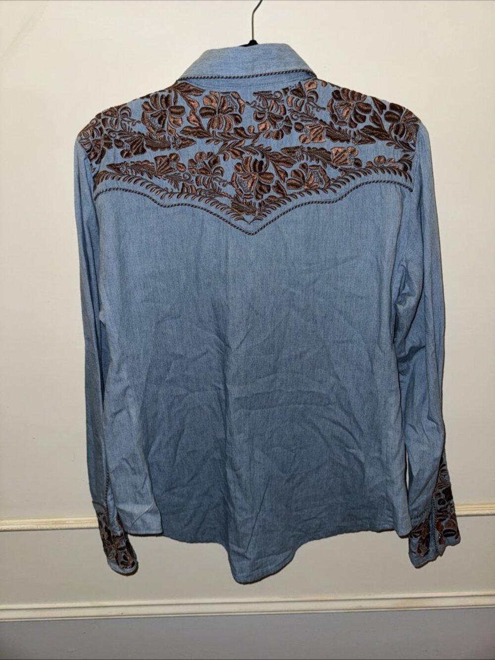 Scully Embroidered Western Floral Shirt Sz M Denim Pearl Snap Rodeo Women NWOT - Picture 11 of 11